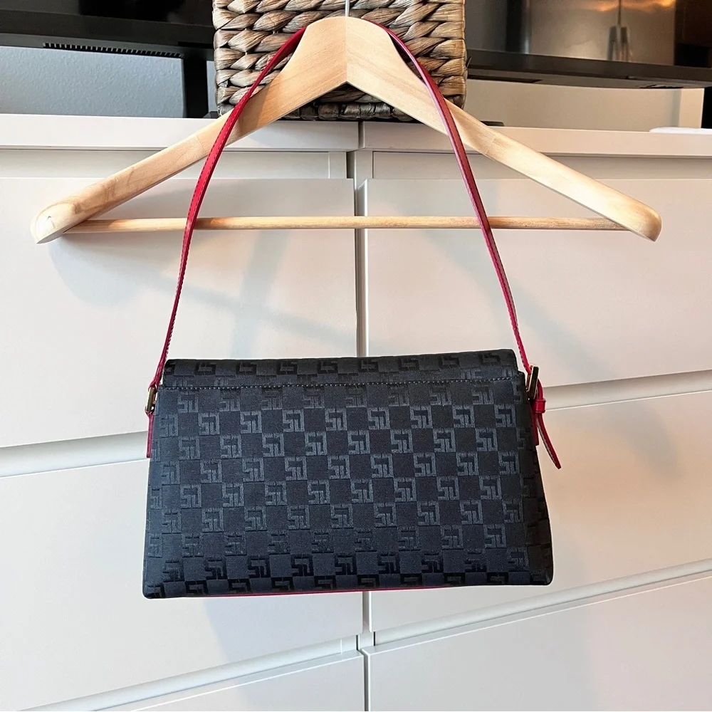 St John Black Shoulder Bag with Red Leather Trim